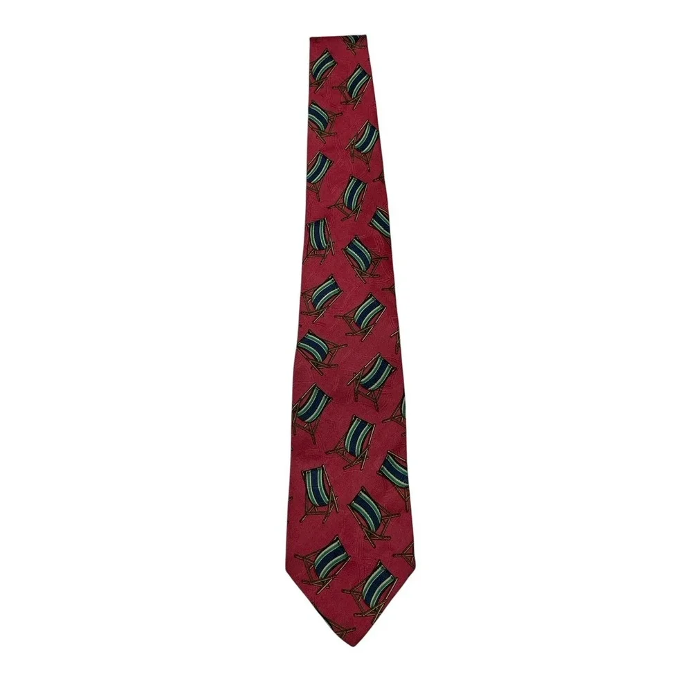 Vintage Polo Ralph Lauren Tie Red Silk Beach Lounge Chair Print Preppy Resort